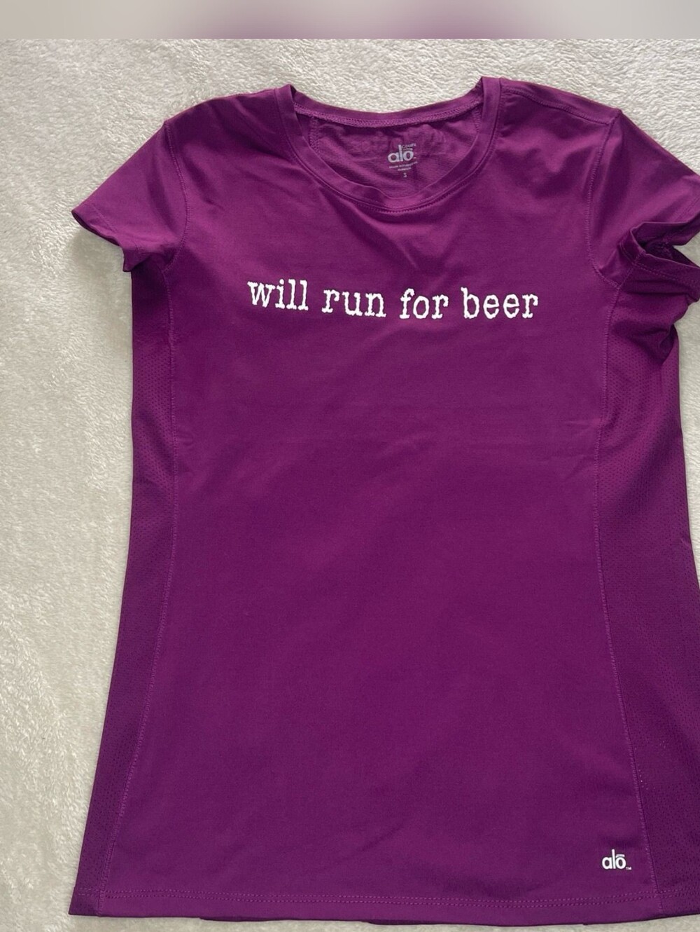 ALO Yoga Purple Short Sleeve 'Will Run For Beer' Performance Tee